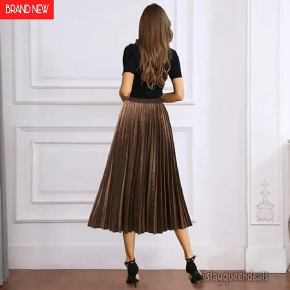 Pleated A-Line High Waist Swing Flare Midi Skirt Wrinkle Resistant Polyester - Picture 4 of 7